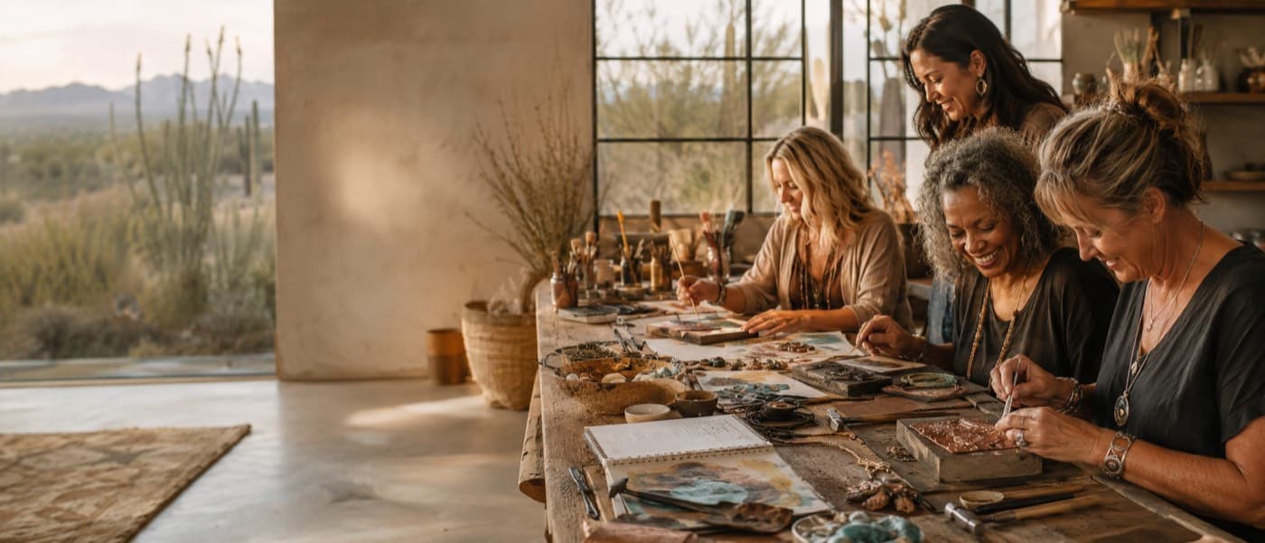 Students working at a long studio table in warm light