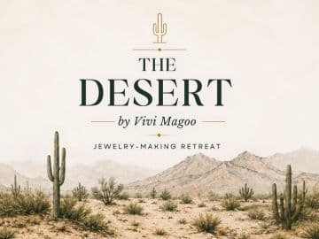 The Desert by Vivi Magoo, jewelry-making retreat, above a painted desert of saguaros and mountains