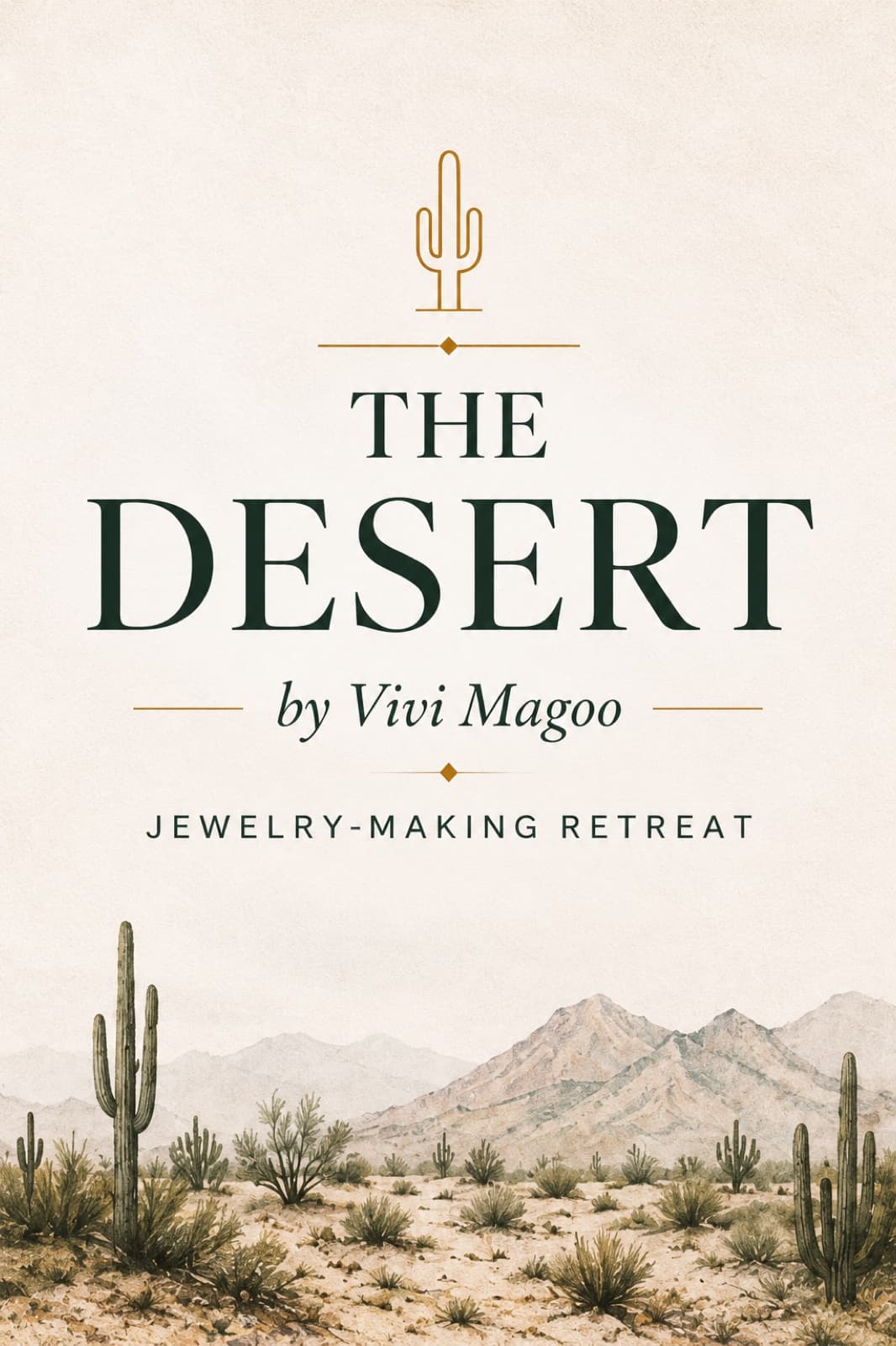 THE DESERT by Vivi Magoo, jewelry-making retreat, above a watercolor desert of saguaros and mountains