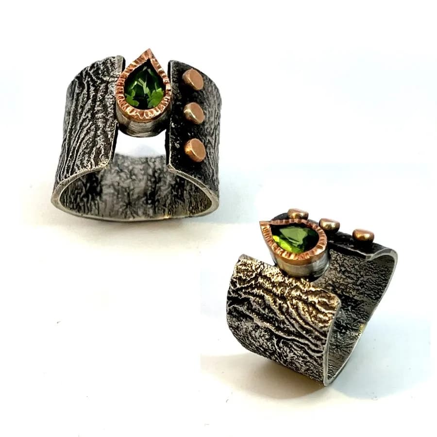 Bi-Color Hammer Set Pear Ring: a finished piece from the class